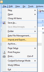 Outlook, File, Import and Export